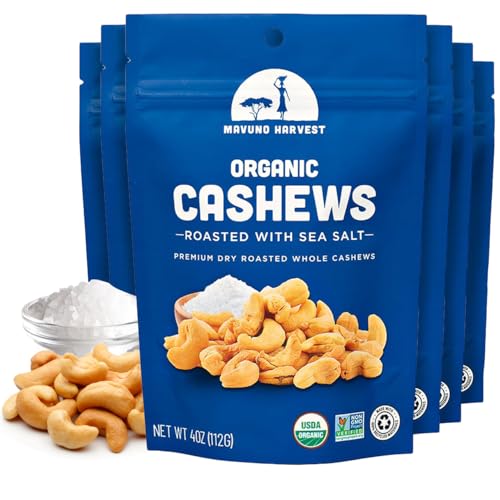 Mavuno Harvest Organic Roasted Cashews with Sea Salt | Dry Roasted Whole Cashew Nuts | Vegan, Non GMO Healthy Snacks for Kids and Adults | Office Friendly Work Snack | 4 Ounce, Pack of 6