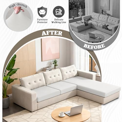 KinCam Sectional Couch Covers Stretch Couch Cushion Covers for L Shaped Couch Cover, Sofa Cushion Covers Washable 3 Pieces Sectional Covers Sofa Covers(2 Seater + 1 Chaise, White) — view 2