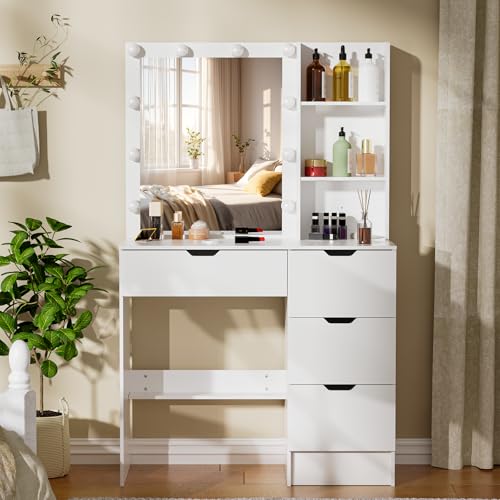 Puselo Dressing Table with Mirror and Lights,White Vanity Desk with Mirror and 4 Drawers, 10 LED Lights,3 Light Colours Adjustable Brightness,Modern Vanity for Women Girl Bedroom - Cosy Home Interiors Puselo Dressing Table with Mirror and Lights,White Vanity Desk with Mirror and 4 Drawers, 10 LED Lights,3 Light Colours Adjustable Brightness,Modern Vanity for Women Girl Bedroom
