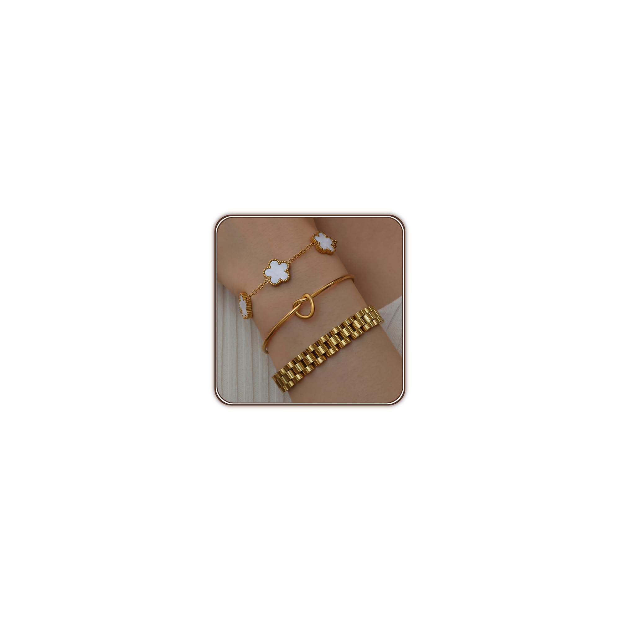 JAWOMATY 3PCS Gold Bracelet Set for Women – Tennis, Flower Clover, Love Knot & Watch Bracelet, 18K PVD Gold-Plated Stainless Steel, Non-Tarnish, Ideal