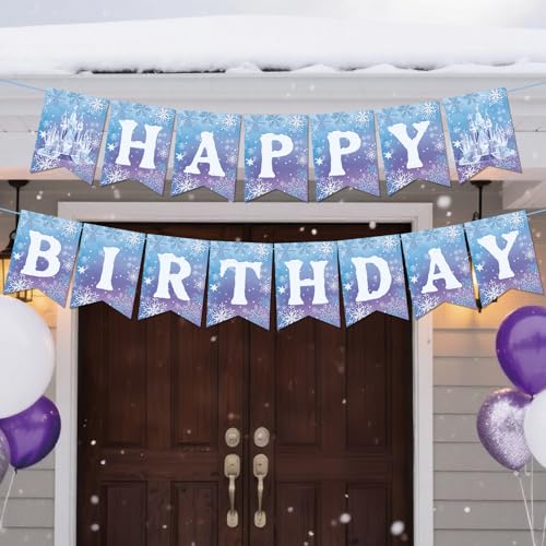 Image of Frozen Happy Birthday Banner - Winter Snowflake Garland Bunting for Winter Wonderland Birthday Christmas Party Decoration Supplies Girls Princess