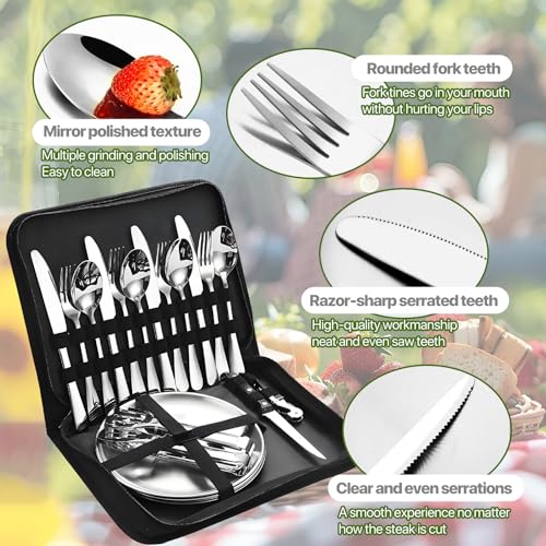 RoserRose Camping Geschirr Set für 4 Personen, 20-Teilig Tragbar Und Langlebig, Edelstahl Outdoor-Geschirr FüR Camping Und Picknick - Campinggeschirr, Ideal FüR Outdoor-AktivitäTen (Silber)