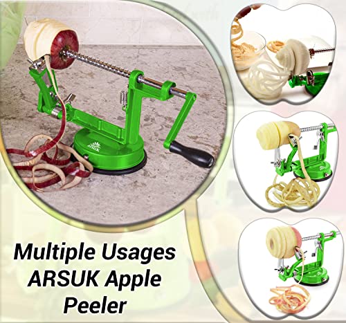ARSUK Apple Peeler, Corer, Slicer (Premium Quality) 3 in 1 Peeling Machine, Easy Peel and Spiralizer Tool, Stainless Steel Sharp Blade, Blade, Apple Core Remover, Powerful Suction Base (Green Color)