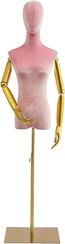 Torso de maniquí femenino con cabeza y brazos, altura ajustable de 59 a 79 pulgadas, forma de vestido de terciopelo galvanizado rosa en base de