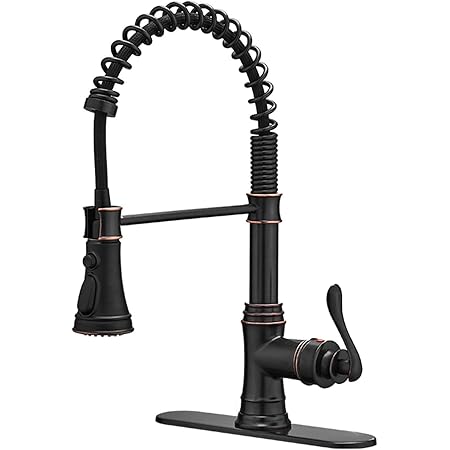 Homevacious Kitchen Sink Faucet Oil Rubbed Bronze with Deck Plate High Arc Single Handle Singe Lever with Pull Down Sprayer Spring Kitchen Faucet 3 ...