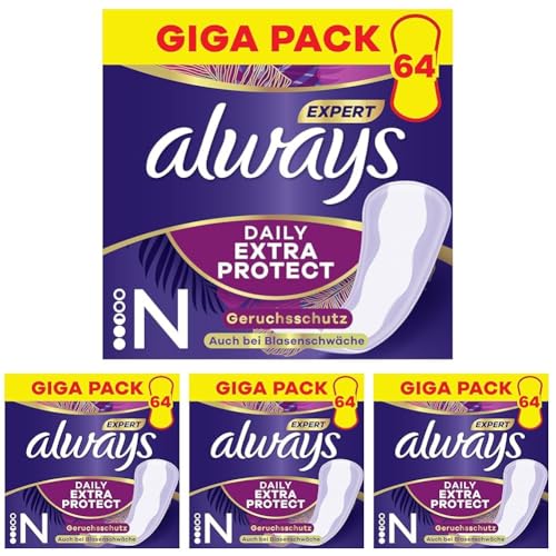 Always Dailies Extra Protect Slipeinlagen Damen, Normal, 256 Binden (4×64 Stück Multipack), schliesst Gerüche und Flüssigkeit sofort ein, für maximalen Schutz am Tag