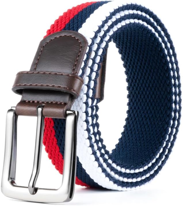 Elastic Braided Belt,13/8",Stretch Golf Belt Unisex for Men Women,Double Layer Woven Belt with Leather Buckle