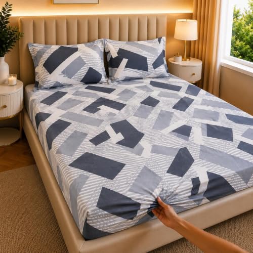 Image of Castiqa Elastic Fitted Supersoft Premium Polycotton 200TC Double Bedsheets King Size 78x72 Inch with 2 Pillow Covers (Fits Upto Mattress of 8Inches) (Multicolor IV)