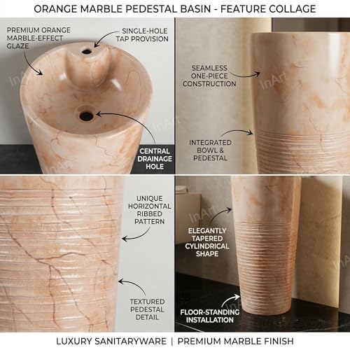 Image of InArt One Piece Ceramic Pedestal Free Standing Round Wash Basin for Living Room and Bathroom (15 x 15 x 33 Inch) (Orange Marble)
