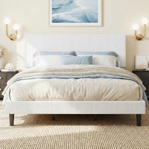 SHA CERLIN Boucle Upholstered King Size Bed Frame White