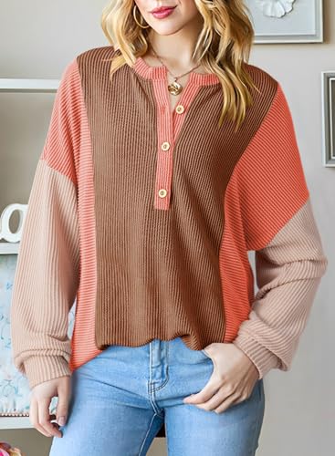 Dokotoo Womens Casual Color Block Knitted Long Sleeve Shirts for Women Loose V Neck Button Down Pullover Blouses Tops3