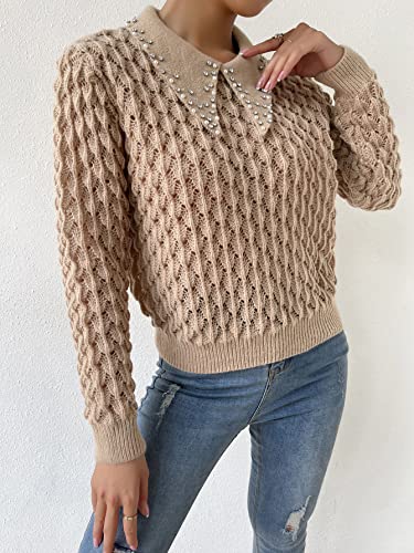Wdirara Women's Collared Beaded Knit Pullover Top Long Sleeve Solid Casual Sweater Camel L #TOP2