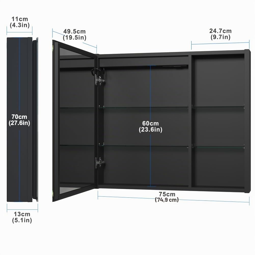 KWW LED Illuminato Bagno Medicine Cabinet con Specchio, Temperatura di Colore Regolabile, Luci Dimmabili Anti-Nebbia, Outlet & USBs, Armadio Medico Montato A Parete (75.2_x_70_cm)
