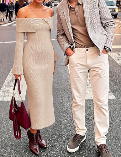 ZESICA Women's Fall Off Shoulder Sweater Dress 2025 Bell Long Sleeve Ribbed Knit Bodycon Formal Maxi Dresses4