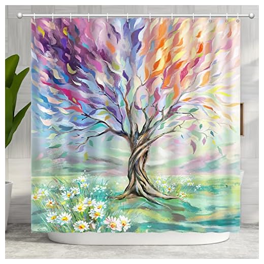 Oil Painting Tree Shower Curtain, Colored Seasons Tree Shower Curtain for Bathroom with 12 Hooks, Polyester Fabric Washable Shower Curtains Sets Decorative Waterproof Bath Curtain