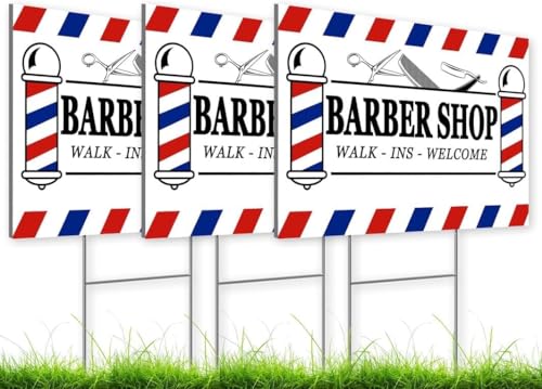 Set of 3 Welcome Barber Sign with Metal Wire H-Stakes - 8x12 Inch Barber Shop Grand Opening Plastic Signs - Spa Open Advertising Printing Lawn Garden - Barbershop Decoration