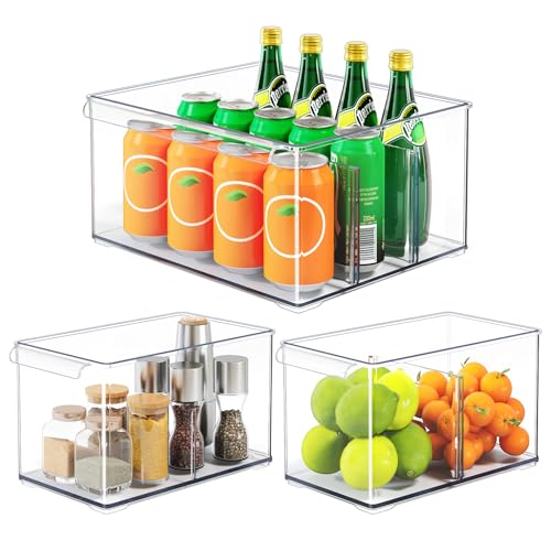 HOMETUK Clear Plastic Storage Bins with Dividers for Fridge Pantry Organizers and Storage Containers, 3 Pack Large Acrylic Stackable Sturdy Storage Boxes for Home Edit and Cabinet Organizers C6-2