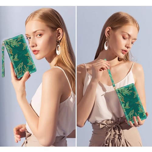 Image of Nipichsha Womens Wallet, RFID Wristlet Wallet for Women, Cute Ladies Purse, Large Credit Card Clutch Wallets, Leather Card Holder Wallets with Zipper & Phone Holder, Luxury Green Leaf, Luxury Green