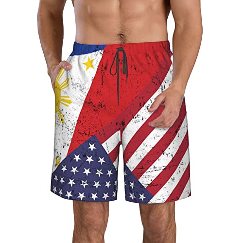 USA American Flag and Filipino Philippines Flag Board Shorts Man's Quick Dry Bathing with Pockets2