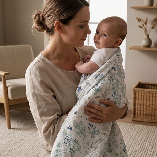 Image of Muslin Swaddle Blankets for Newborn, 3 Pack Breathable Soft Receiving Blanket, Large 38 x 40 inches Swaddle Wrap Burping Clothes Diapers, Essentials Infant Shower Items, Toddler Gift (Fawn & Leaves)