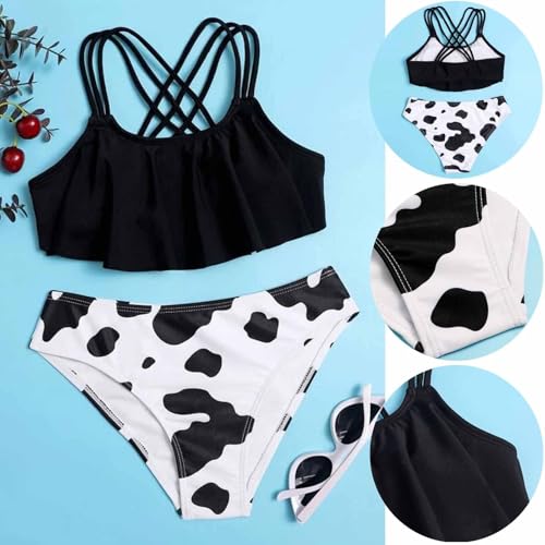 Teen Bathing Suits for Girls Spaghetti Strap Criss Cross Bikini Swimsuit 2 Piece Cow Print Swimwear (Black, 13-14 Years)4