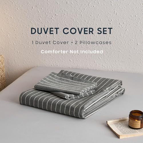 Image of Wake In Cloud - Striped Cotton Duvet Cover Set, Ticking Stripe Vertical Pinstripe Farmhouse, 100% Washed Cotton Textured Bedding Set, 3 Pieces, Gray, Full Size