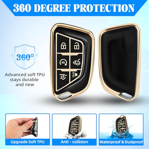 Image of QBUC for Cadillac Key Fob Cover with Leather Keychain (Gold Trim Black) | Soft TPU Protection Case Compatible with 2020-2026 Cadillac Escalade Lyriq Optiq 6-Buttons