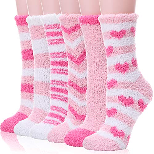 Womens Fuzzy Socks Slipper Soft Cabin Plush Warm Fluffy Winter Christmas Sleep Stocking Stuffers Cozy Adult Socks?Mix Pink(6 Pairs)?