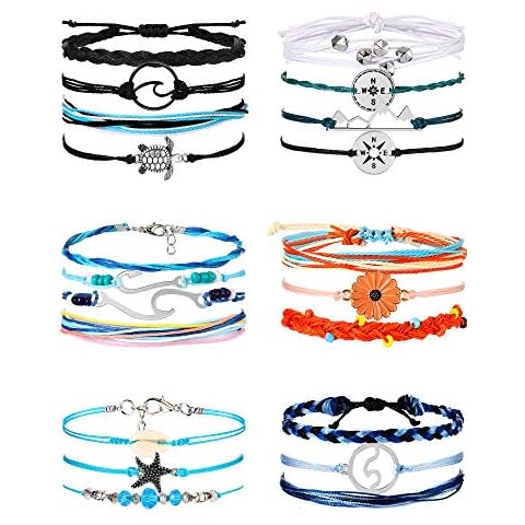 Hicarer 21 Pieces Surfer Wave Bracelet Ocean Wave Adjustable Waterproof Handmade Friendship Bracelet Anklet Jewelry for Women(Ocean Style) Cover