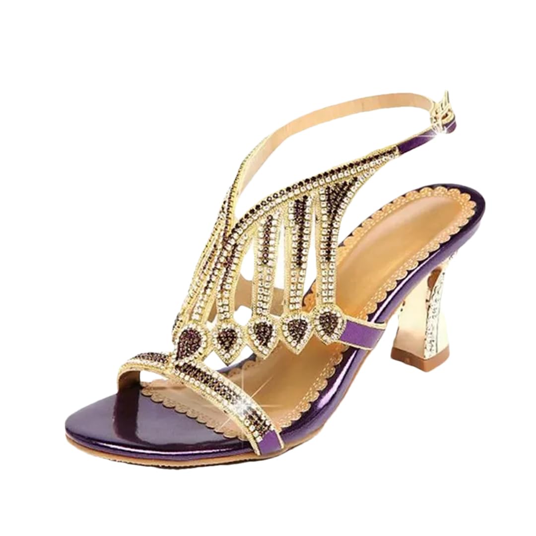 Sandalias básicas de cuero con diamantes de imitación para mujer, correa trasera, tacón cuadrado, tacón alto, sandalias de verano para boda
