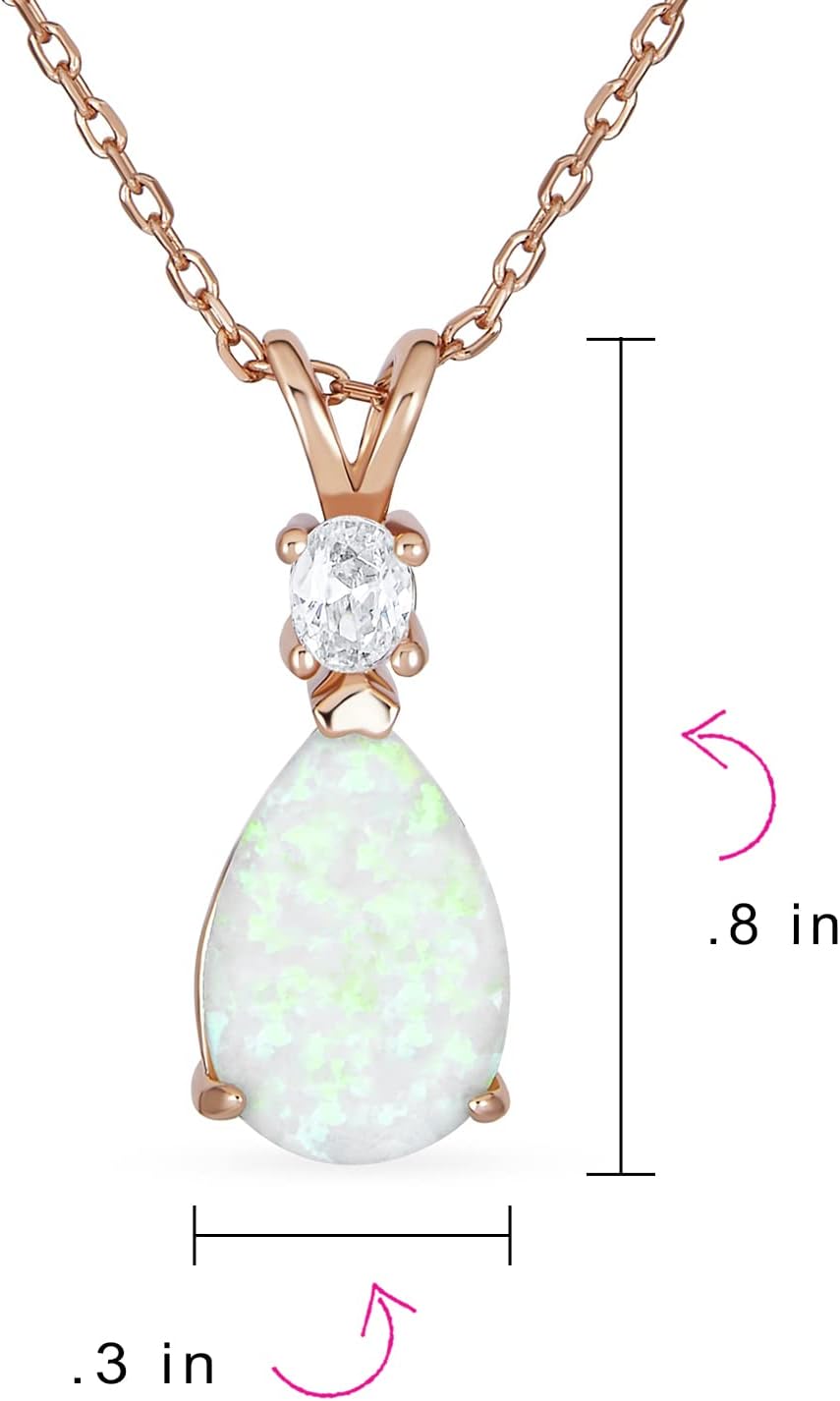 Bling Jewelry Classic Simple Gemstone CZ Accent 5CT Solitaire Teardrop White Rainbow Created Opal Pendant Necklace For Women Teen Rose Gold Plated .925 Sterling Silver October Birthstone 16-18 Inch