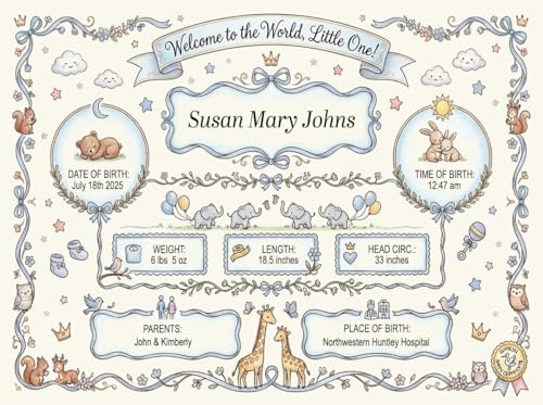 Custom Baby Birth Announcement Sign – Personalized Name, Birth Stats & Footprint, Nursery Arrival Keepsake Decor, Gift For Parents and Grandparents,2 Size Options, Frame Add-On (Blue)