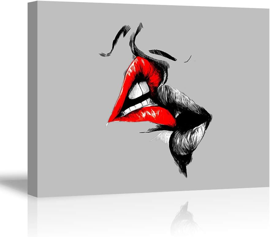 Tku's Abstract Sketch Red Lips Kiss Canvas Wall Decor Art Lover Painting Black White and Gray Love Picture Romantic Home Decoration for Bedroom, Small Size (Ready to Hang)