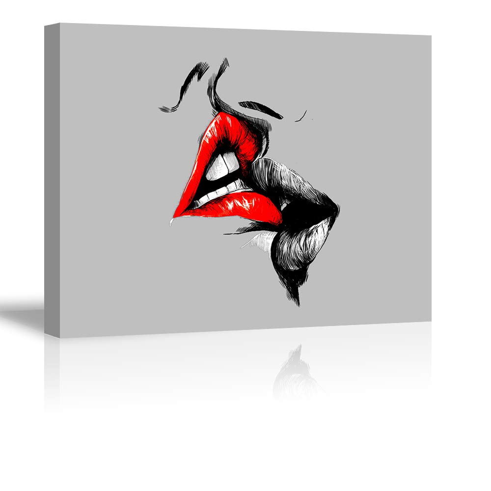 Tku's Abstract Sketch Red Lips Kiss Canvas Wall Decor Art Lover Painting Black White and Gray Love Picture Romantic Home Decoration for Bedroom, Small Size (Ready to Hang)