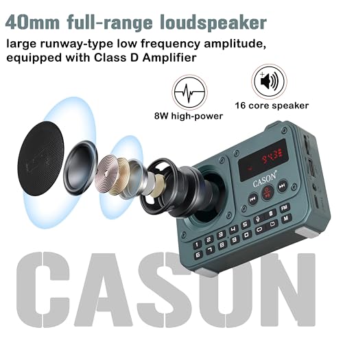Image of Cason FR11- Portable Fm Radio Pocket Radio with USB and Bluetooth Mini Radio Speaker - LCD Display,Number Pad,Type C Charging,Headphone Jack,SD Card,USB Input(Green)