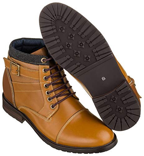 Image of CALTO Men's Invisible Height Increasing Elevator Shoes - Brown Leather Lace-up Cap-toe Ankle Boots - T5100 - Size 9 D(M) US - 3.2 Inches Taller
