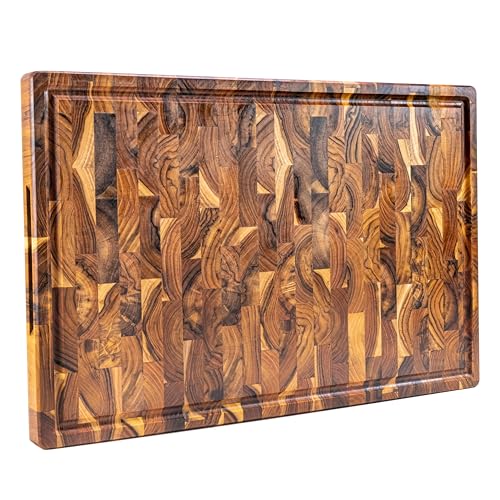 Erreke Tabla Cortar Cocina, Madera de Teca End Grain Grosor 3.2 cm, con Patas Antideslizantes, Tabla Madera Cocina Grande, Servir Picar Carne Barbacoa Queso Pan, 58x38x3.2 cm (ranura para jugos)