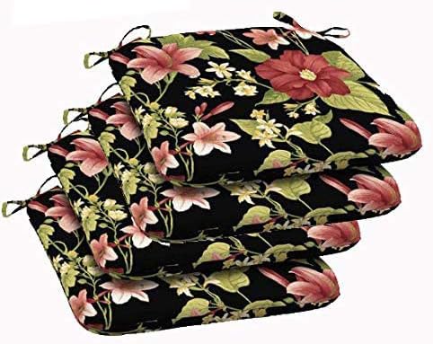 Comfort Classics Inc. Outdoor Black Seat Pads with a Floral Design (Set of 4) 20” x 19" x 2" in. in Polyester
