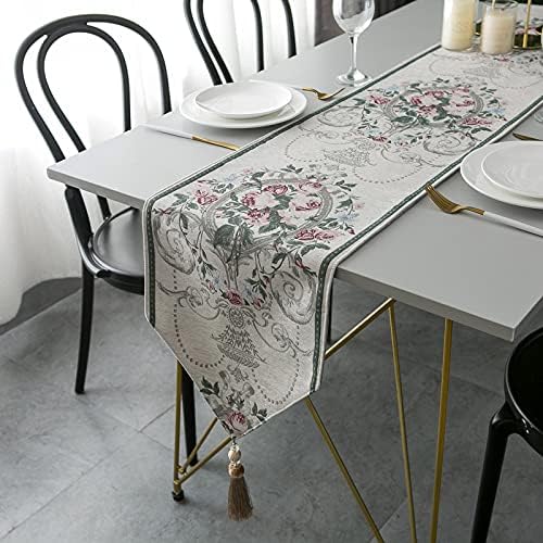Lilspud Luxury Embroidered Jacquard Table Runner, Chenille Floral Table Runners with Handmade Tassel for Dresser Wedding Coffee Table Decor White 13 x 55 Inch