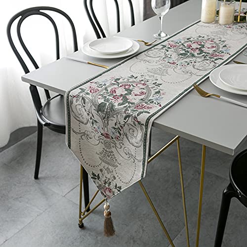 Lilspud Luxury Embroidered Jacquard Table Runner, Chenille Floral Table Runners With Handmade Tassel For Dresser Wedding Coffee Table Decor White 13 X 55 Inch #TOP27