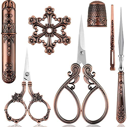 7 Pieces Embroidery Scissor Kit European Style Scissor Set Stainless Steel Sewing Tool Antique Sewing Scissor for Embroidery, Sewing, Handicraft, Daily Use (Red Copper)