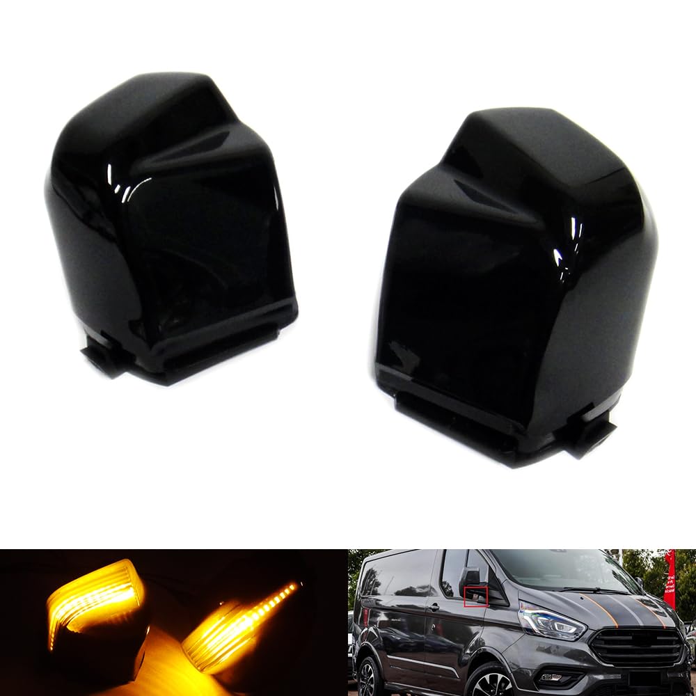 RZG 2x Seitenspiegelblinker mit schwarz-rauchfarbener Linse und bernsteinfarbener LED-Marker-Repeaterleuchte für Transit Custom Tourneo Custom 2012-2023