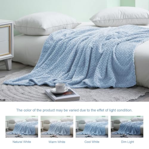 Image of Exclusivo Mezcla Light Blue Fleece King Size Blanket for Bed, 90x104 Inches Soft Cozy 3D Decorative Jacquard Flannel Blankets, Lightweight Fuzzy Plush Warm Blankets for All Seasons