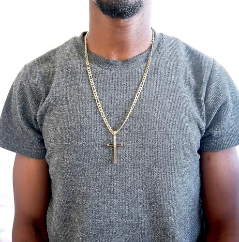 Image of ADORATO JEWELRY 24K Gold Figaro Chain Style Cross Pendant Necklace 5MM Cross Necklace Clasp for MEN, HUSBAND Thin for Charms Miami Cuban Link Diamond Cut Religious Beveled Edge