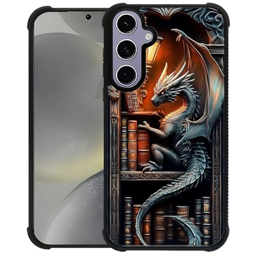 ZHEGAILIAN Case for Samsung Galaxy S24 S25 | Shockproof 4 Corner Air Cushion + Soft TPU Bumper with Anti-Slip Grip & Stylish Pattern for Men Boys & Woman Girls | Black Bookish Dragon