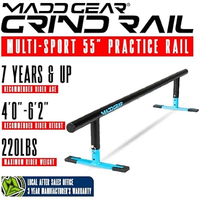 Madd Gear Round Grind Rail for Scooters, Skateboards, Inline Skates 55 Long, 3-Step Adjustable Height Durable Heavy-Duty Construction