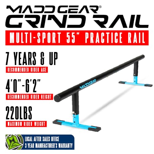 Madd Gear Round Grind Rail for Scooters, Skateboards, Inline Skates – 55" Long, 3-Step Adjustable Height – Durable Heavy-Duty Construction (Blue)