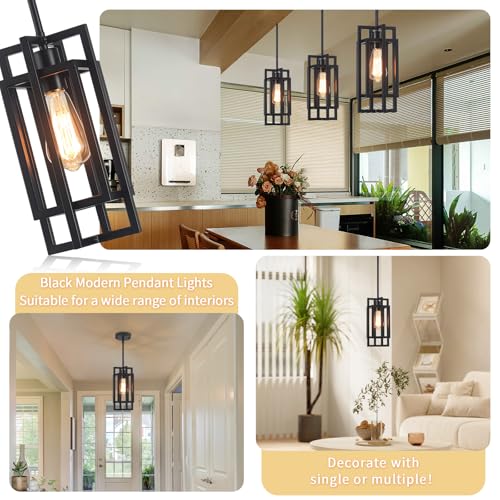 Farmhouse Pendant Light Fixtures 2 Pack 1 Light, Cage Black Finish Modern Pendant Lights with Max 59'' Adjustable, Small Square Pendant Ceiling Hanging Light for Kitchen Island Dining Room Entryway by HFYOXK - Image 2
