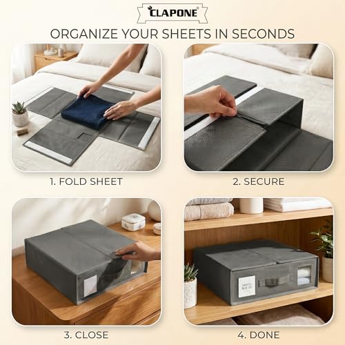 Image of CLAPONE Bedsheet Organizer Storage Box, Foldable Clothes Storage Container, Non-Woven Closet Organizer for Bedding, Blankets, Comforters & Underbed Storage (Grey, Pack Of 2)