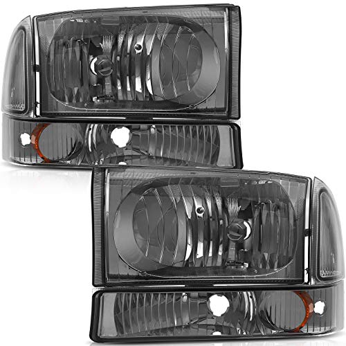 LSAILON Headlight Assembly Replacement Fit 1999-2004 For Ford Super Duty For F-250/For F-350/For F-450/For F-550,2000-2004 For Excursion Chrome Housing Amber Reflector Smoke Lens